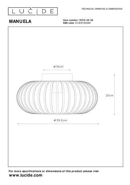 Lucide MANUELA - Flush ceiling light - Ø 39,5 cm - 1xE27 - Grey - technical